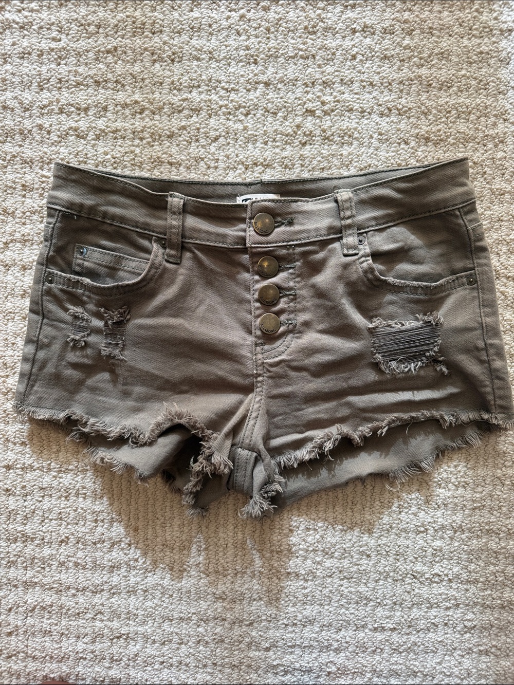 Billabong Olive Green Distressed Button-Front Denim Shorts